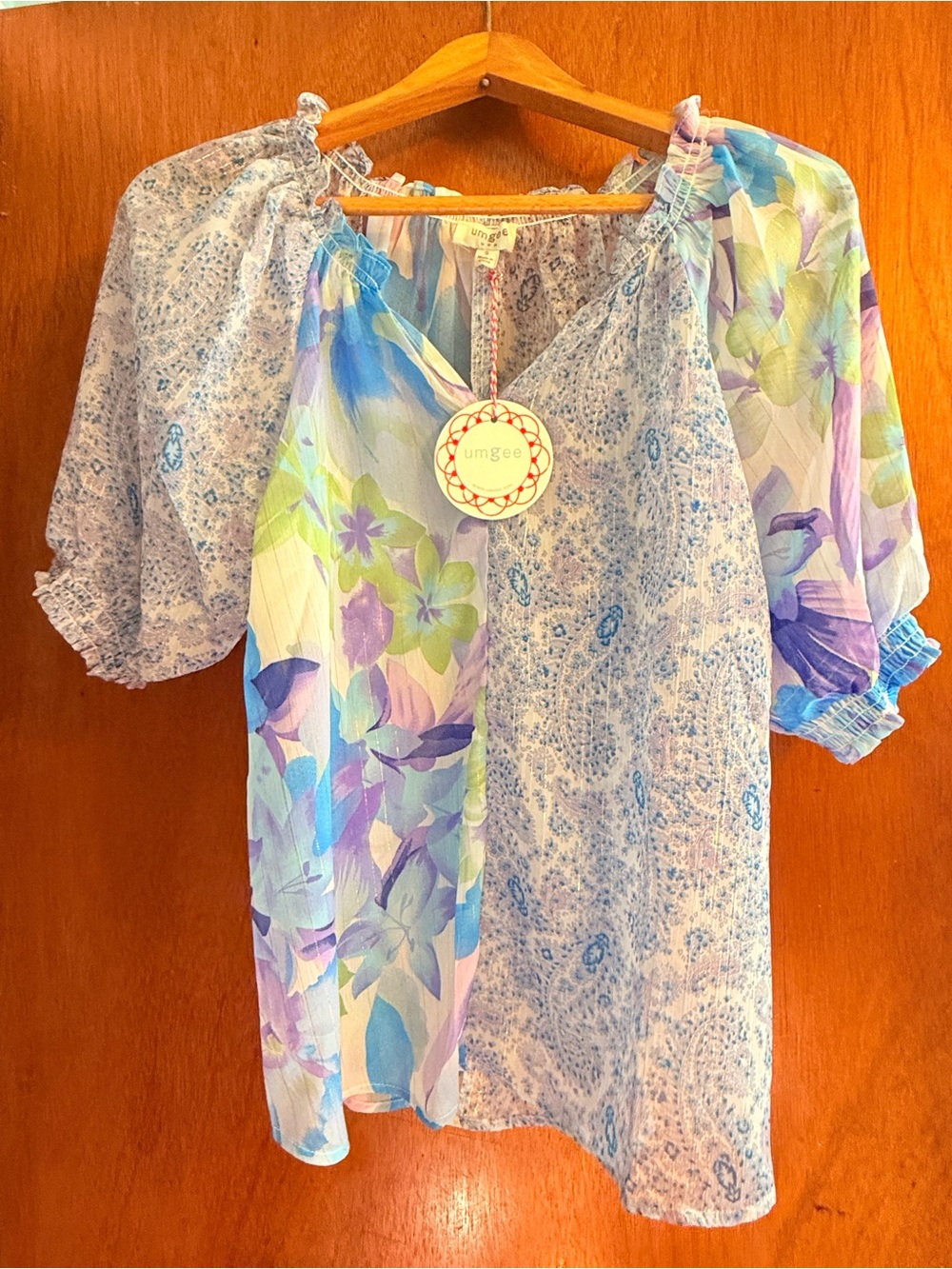 Umgee Pastel Blue Floral Patchwork Peasant Blouse